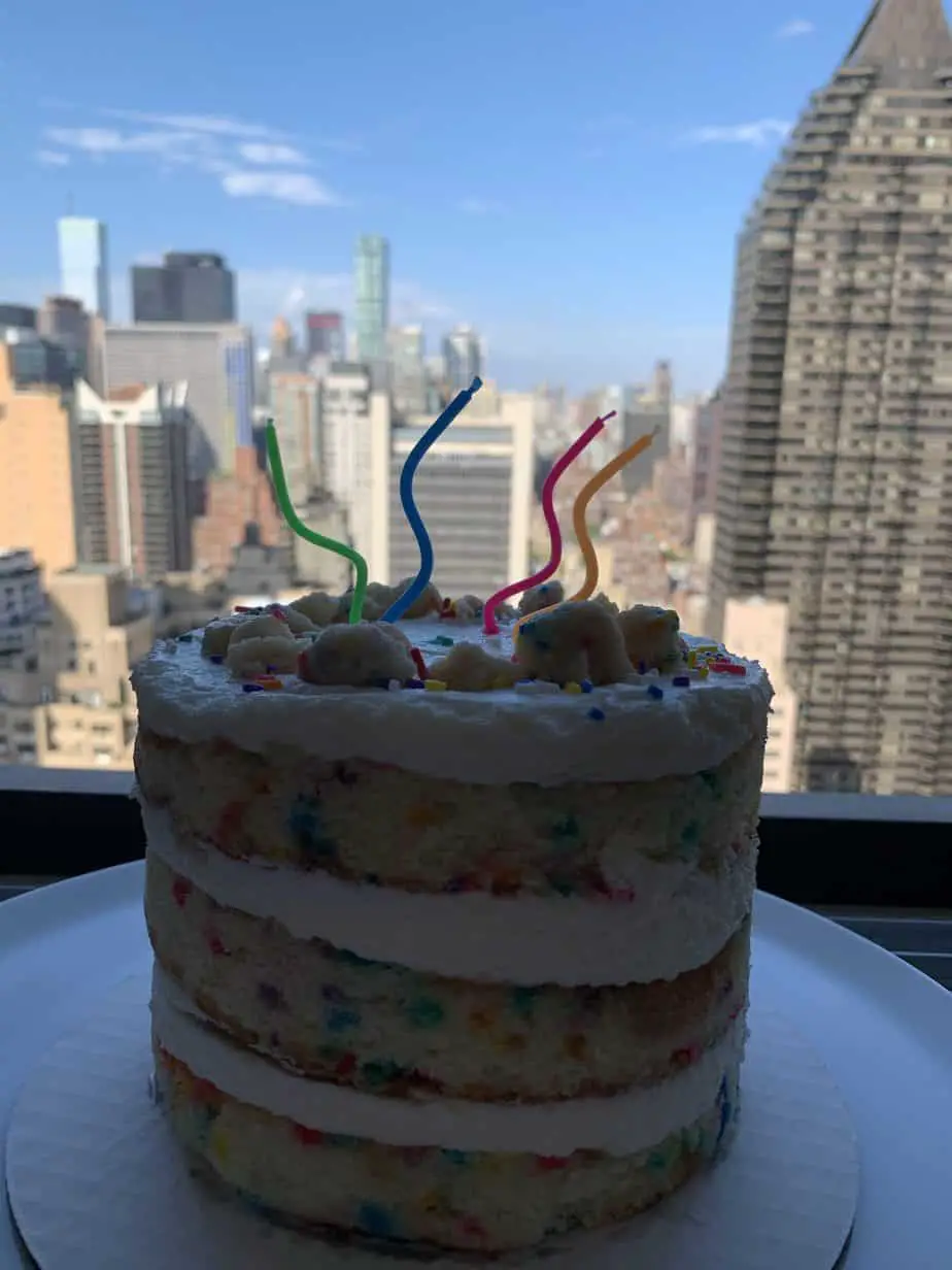 Birthday cake with NYC skyline in the background