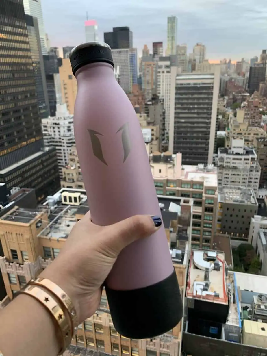 Super Sparrow water bottle in light pink overlooking NYC